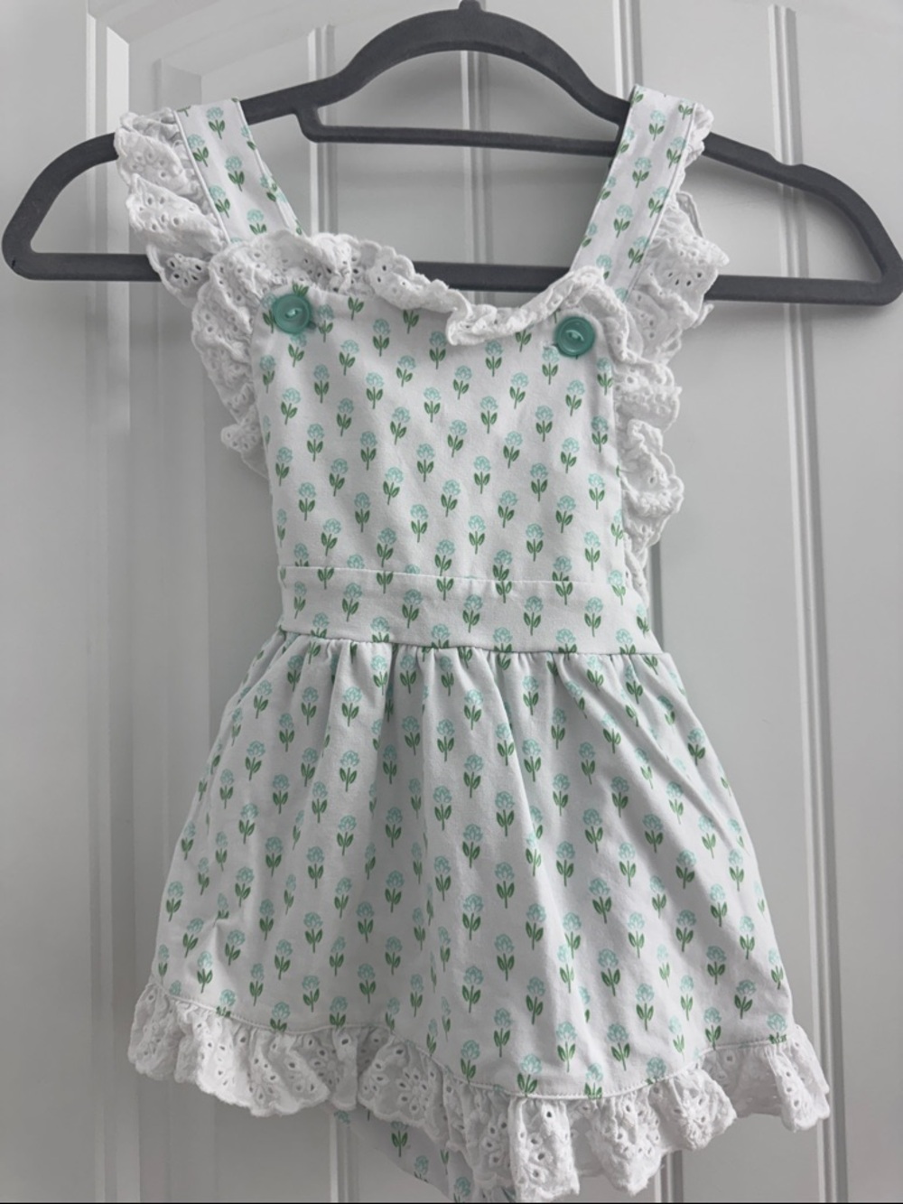 Serendipity White & Mint Floral Eyelet Ruffle Romper Dress